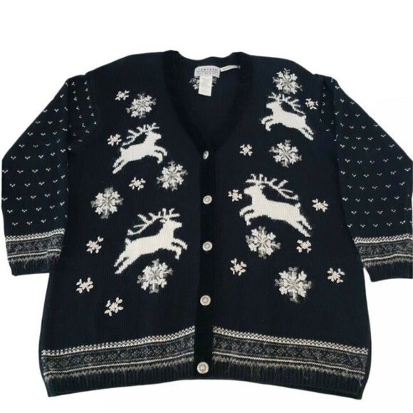 Jantzen Hand Embroidered Snowflake Reindeer Cardigan Cotton Winter Sweater 1X - Picture 1 of 8